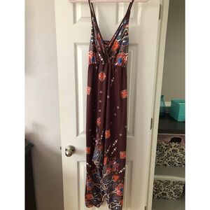 Brown Multi-color Long Harem Parachute Jumpsuit w Halter-Style Top